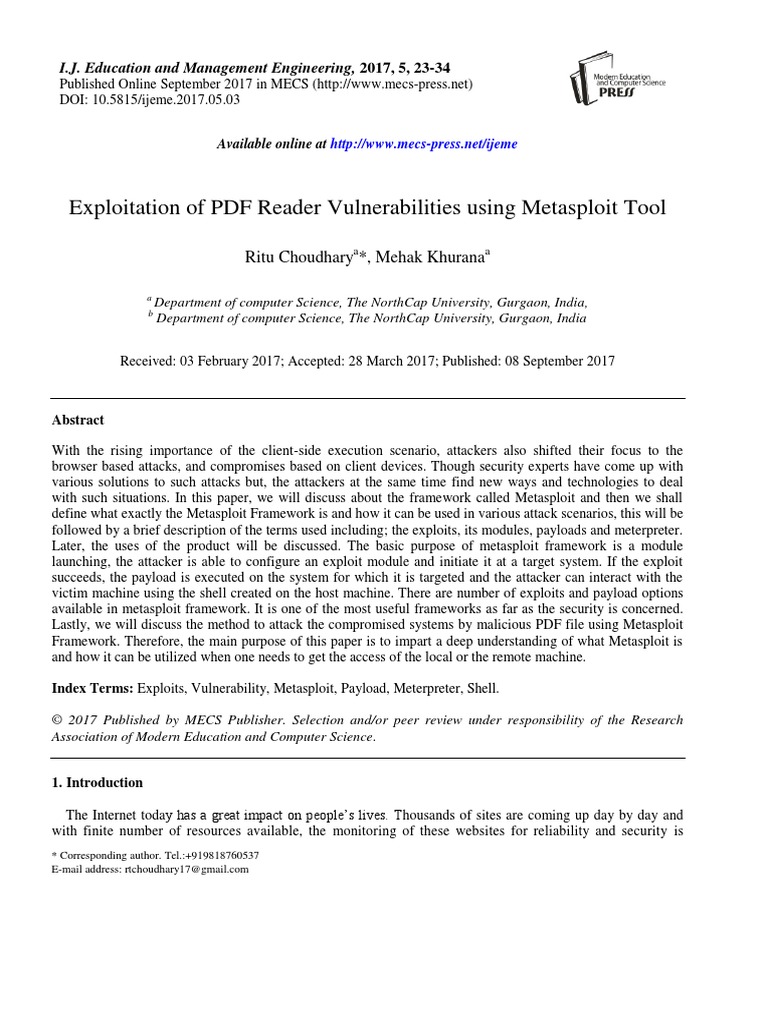 Exploitation of pdf reader vulnerabilities using metasploit tool ijeme
