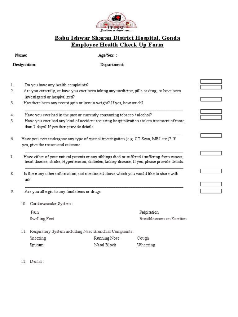 Health Check Up Form Employees | PDF | Physical Examination | Medical ...