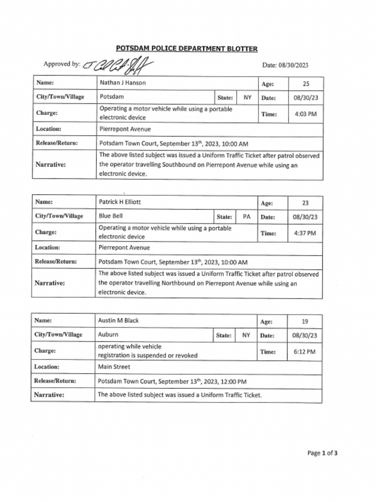 Potsdam Village Police Dept. Blotter Aug. 30, 2023 PDF