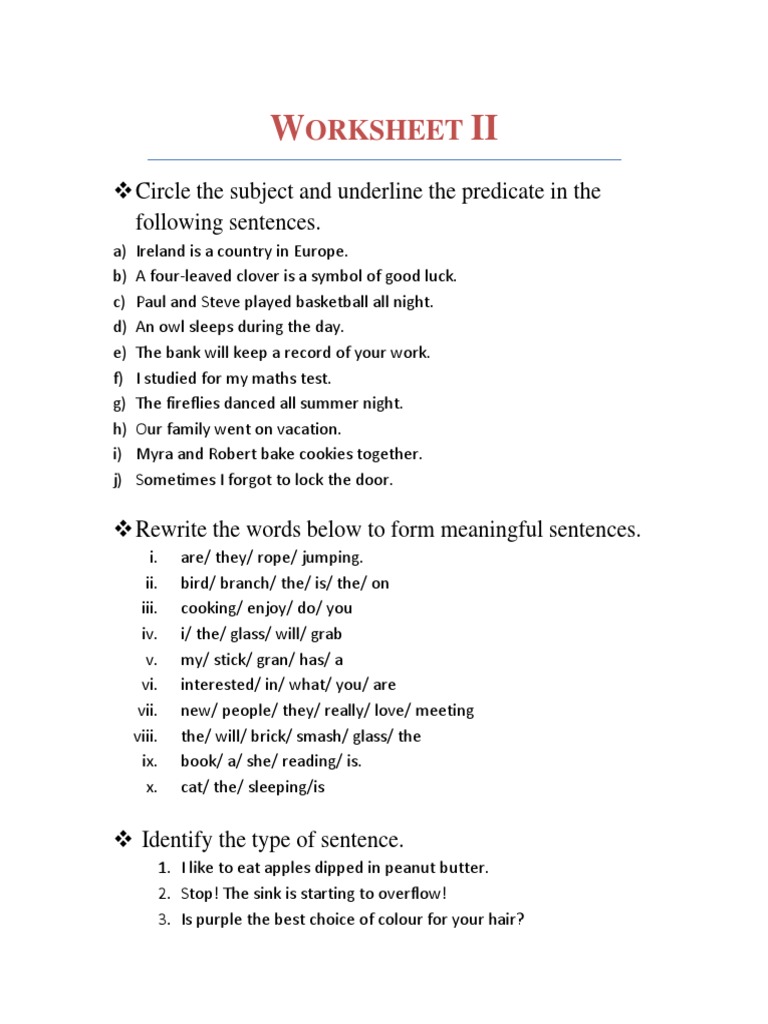 Class 6 Sentence Types Worksheet | PDF