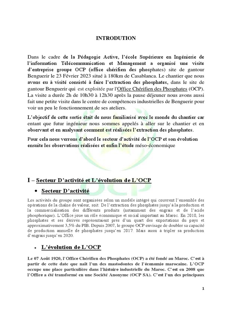 Visite de l'OCP à Gantour : Extraction Phosphate | PDF