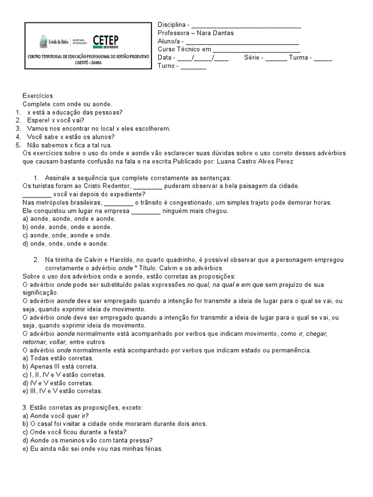 Exercícios sobre Onde e Aonde | PDF