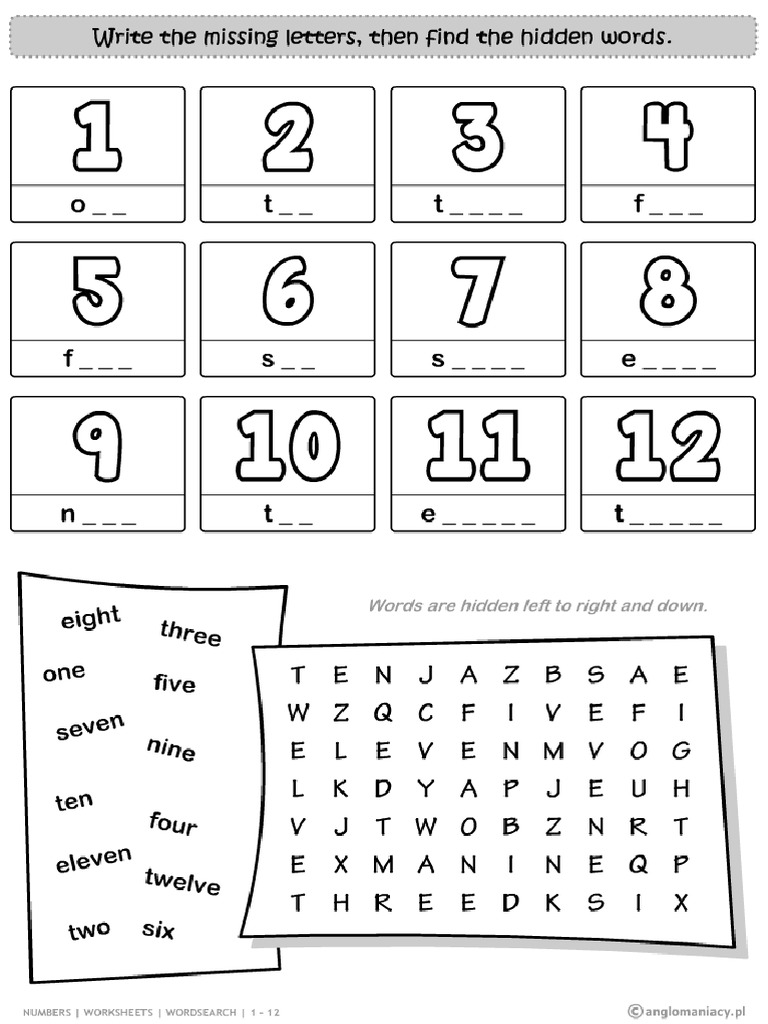 Grammar Worksheets Numbers Wordsearch 1 12 | PDF