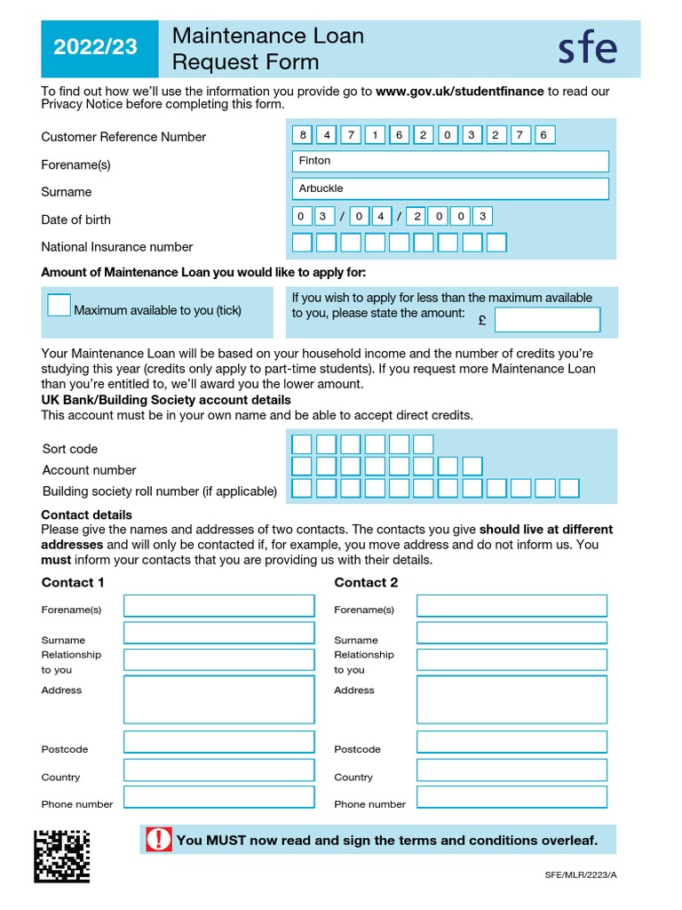 SFE Maintenance Loan Request Form 2223 DD PDF Loans Private Law