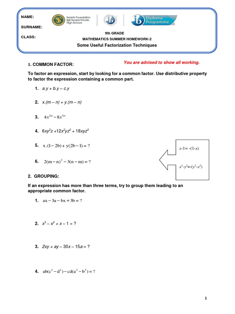 Math 9. Grade Factorization Techniques Summer Homework | PDF ...