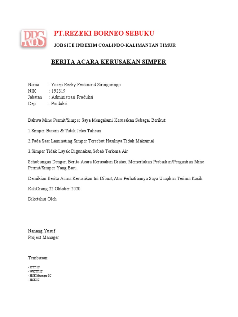 Berita Acara Kerusakan Simper | PDF