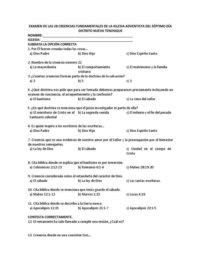 Examen de Las 28 Creencias | PDF | Jesús | Iglesia Adventista del ...