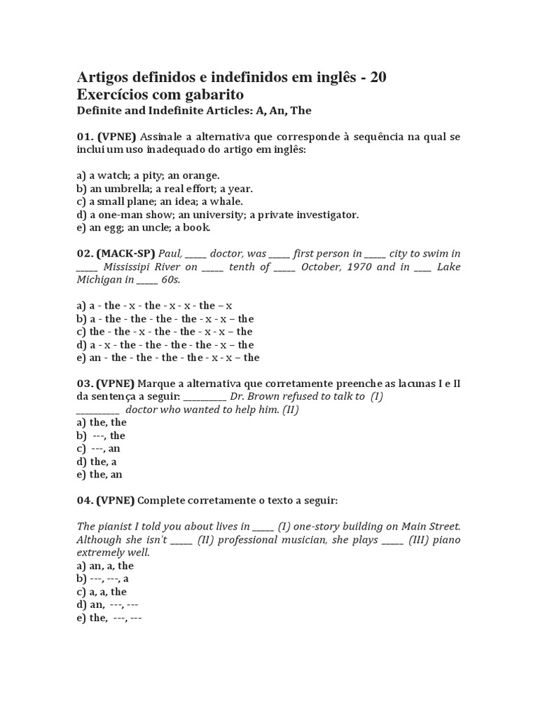 Artigos Definidos e Indefinidos em Inglês | PDF