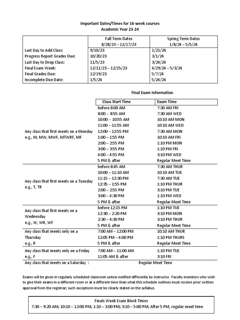 Important Dates Final Exam Schedule 2324 | PDF