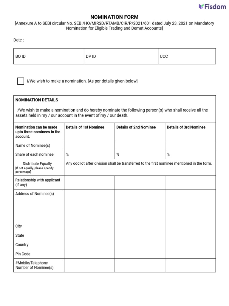 SEBI Nomination Form for Demat Accounts | PDF | Identity Document ...