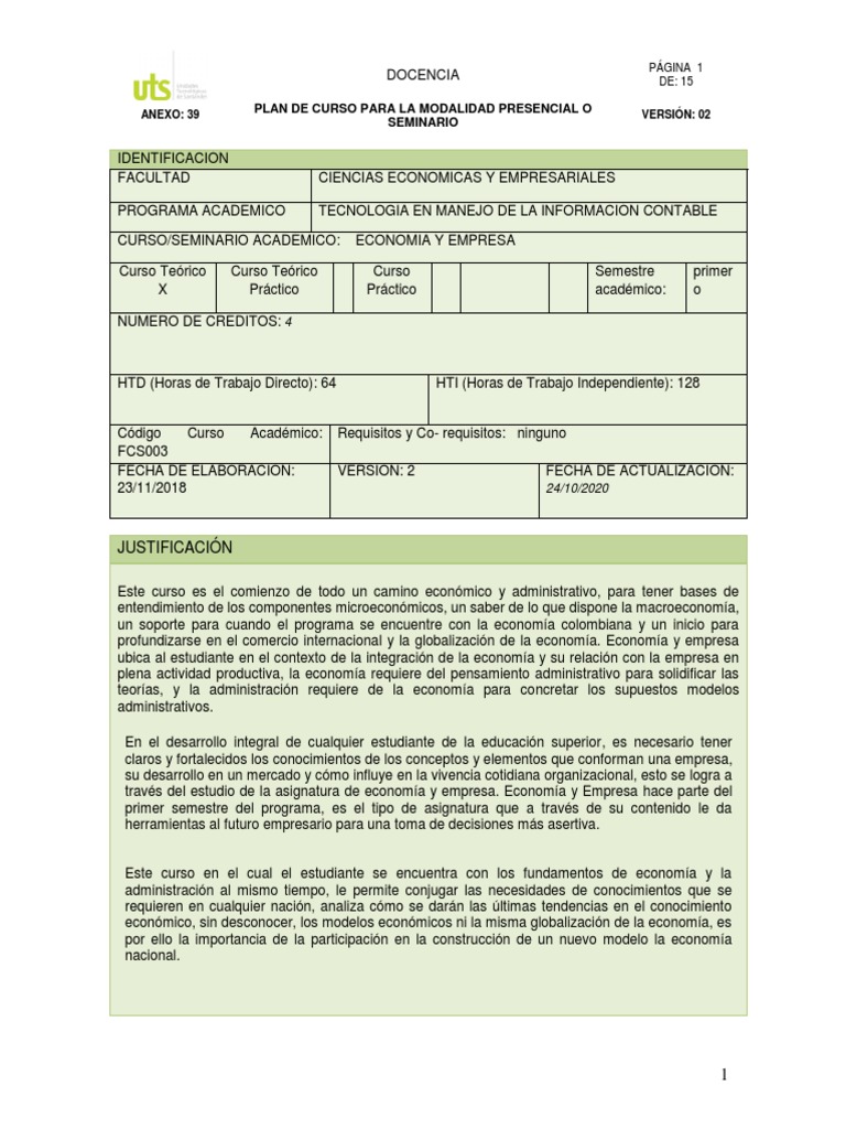 Plan de Curso Economía y Empresa | PDF | Mercado (economía) | Evaluación