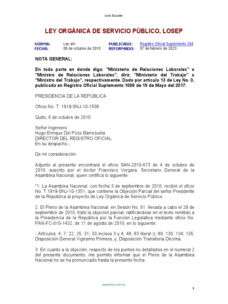 LEY ORGÁNICA DE SERVICIO PÚBLICO, LOSEP Reformado 07-FEB-2023 | PDF ...