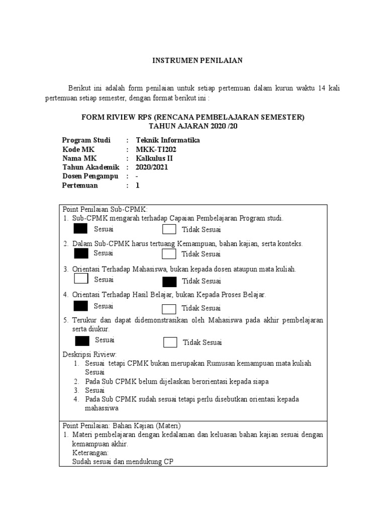 Form Penilaian RPS Kalkulus II TI | PDF