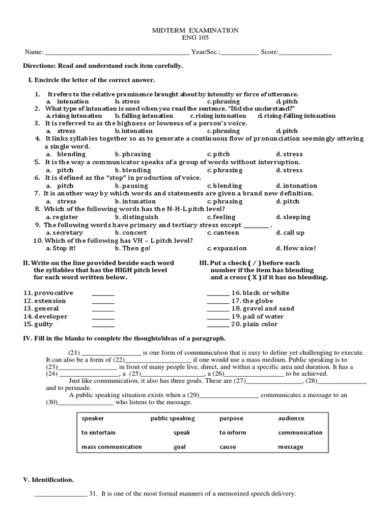 Midterm Exam Eng 105 Pdf Stress Linguistics Public Speaking