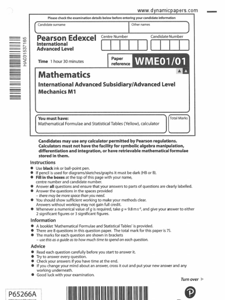 Mathematics Mechanics Exam Paper P65266A | PDF | Velocity | Acceleration
