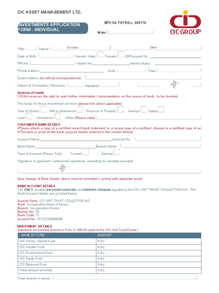 CIC Money Market Fund Application Form | PDF | Banks | Cheque