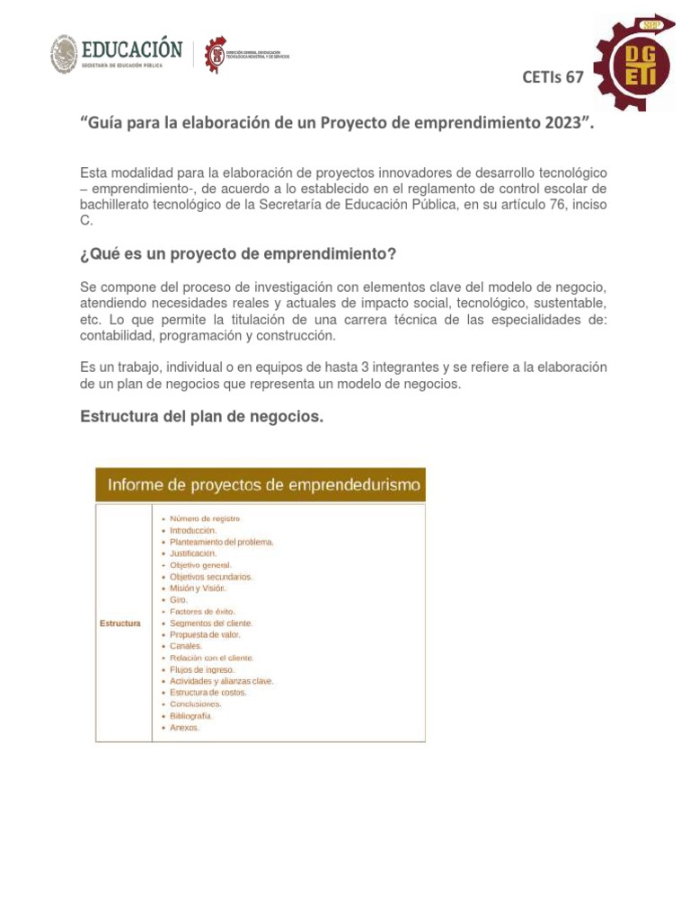 Guia para Elaboración Del Trabajo de Emprendimiento 2023 | PDF ...