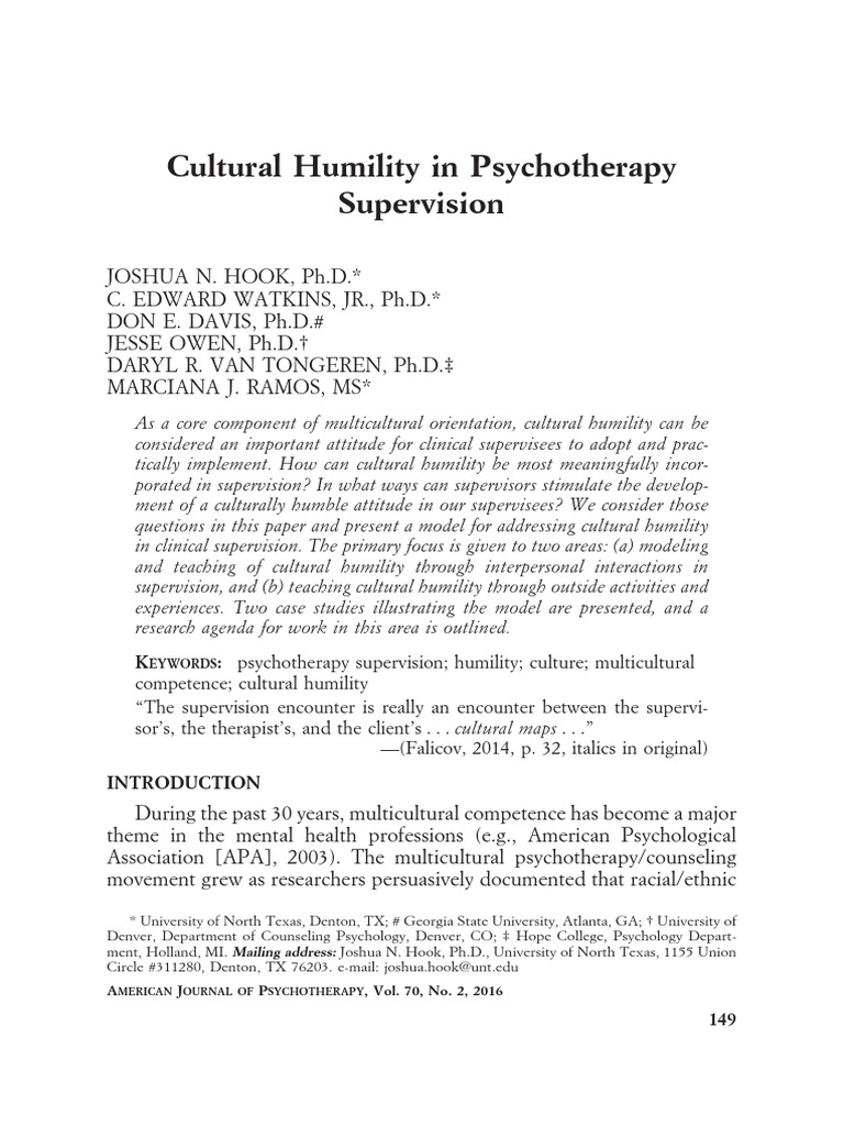 Cultural Humility in Psychotherapy Supervision | PDF | Counseling ...