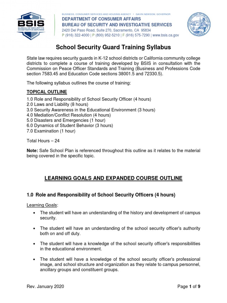 School Security Guard Training Syllabus | PDF | Security Guard | Mediation