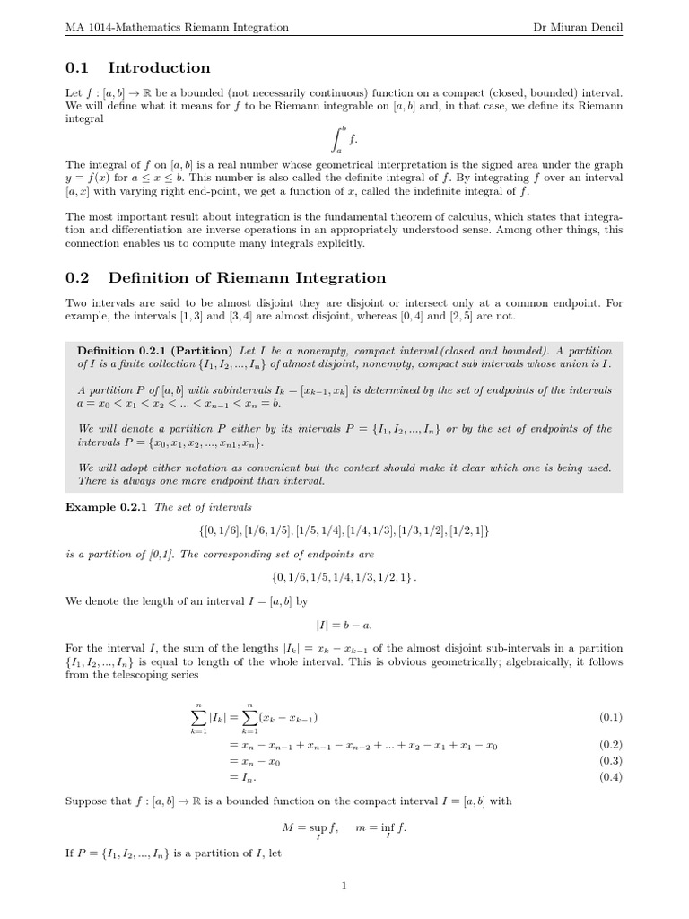 Riemann integration notes s01 2022 pdf integral interval