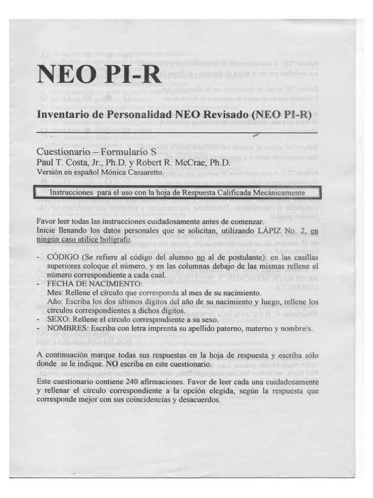 NEO PI-R (Cuestionario) | PDF