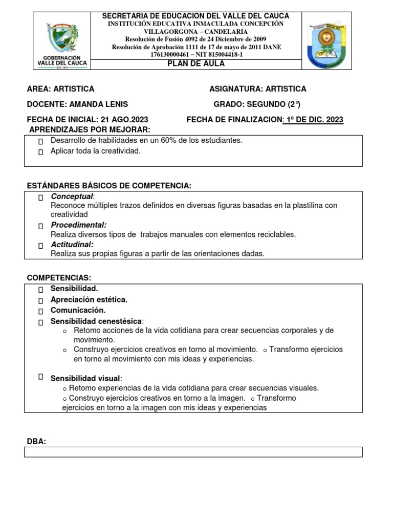 2° Iiip Plan de Aula Artistica 3P Amanda Lenis | PDF | Educación de la ...