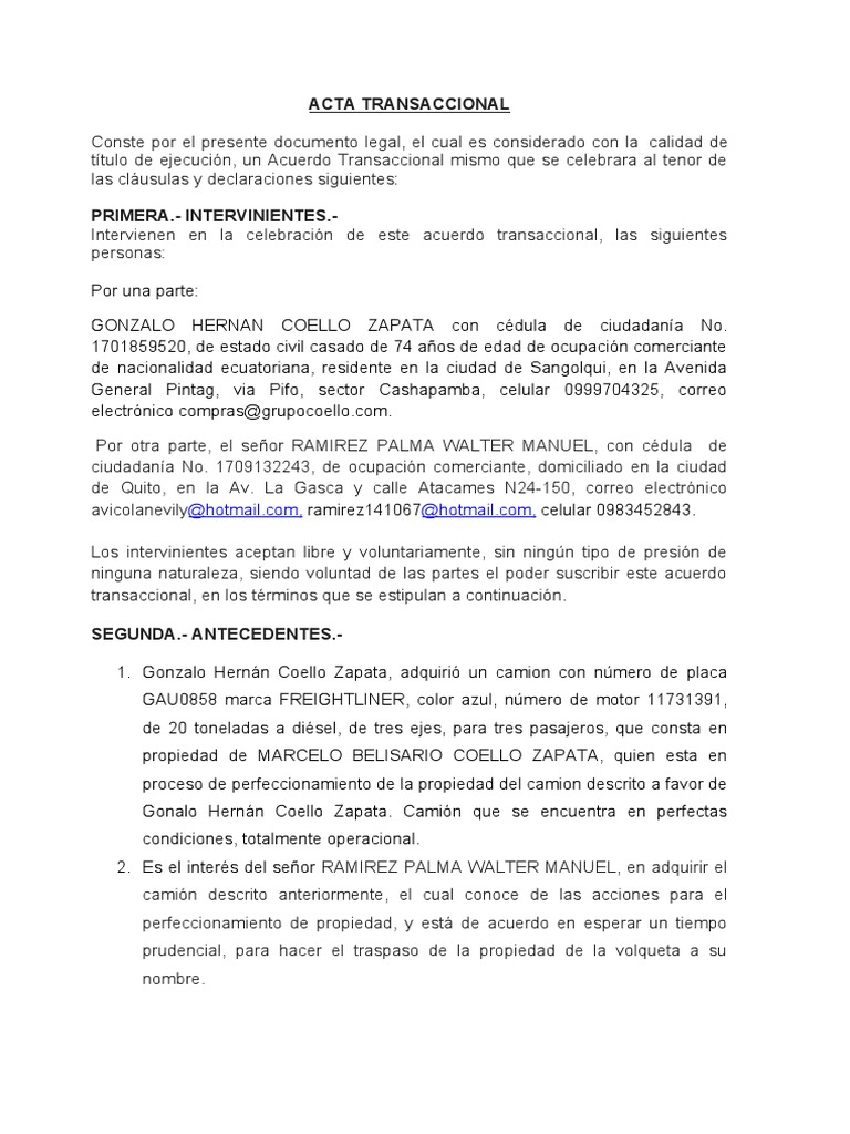 ACTA TRANSACCIONAL Modelo | PDF