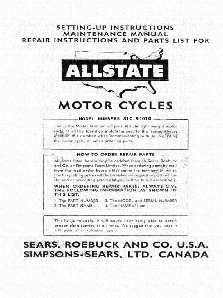 Allstate Sears Motorcycle Parts Maintenance Repair Manual PDF