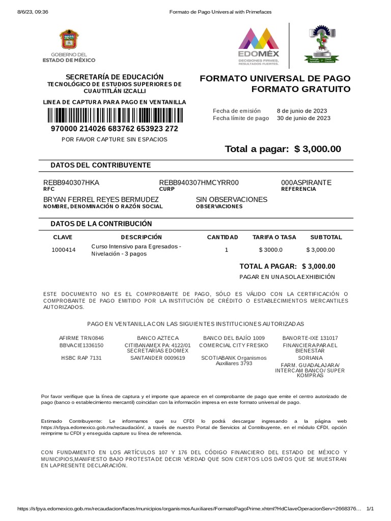 Formato de Pago Universal With Primefaces | PDF | Finanzas personales ...