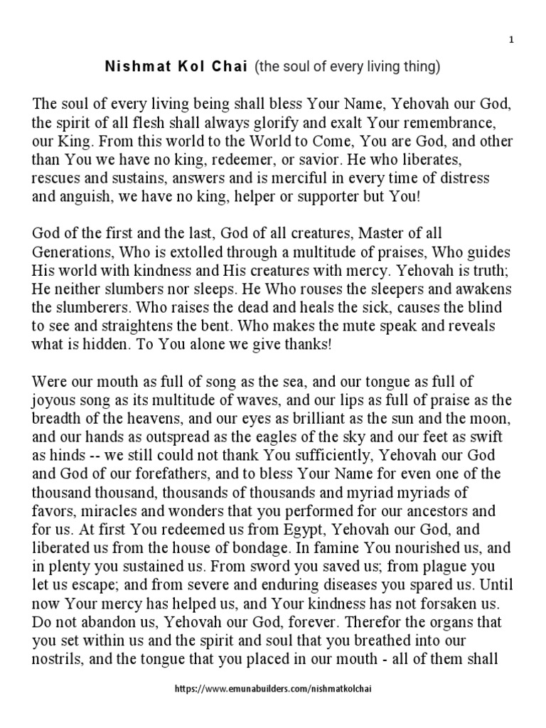 Nishmas Kol Chai Text