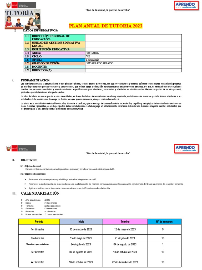 Plan Anual de Tutoría 5to Secundaria 2023 | PDF | Aprendizaje | Evaluación