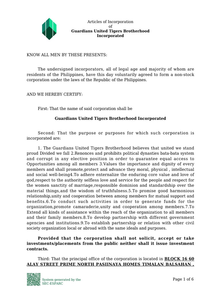 Articles of IncorporationNon Stock Corp PDF Board Of Directors