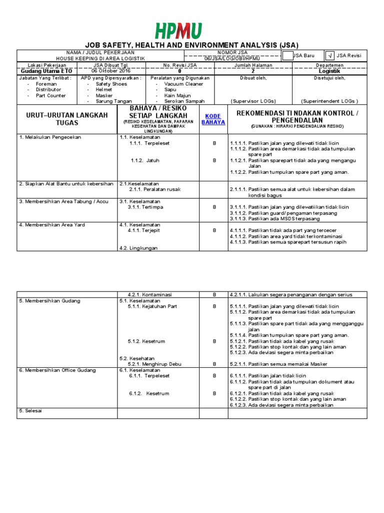JSA 06 Housekeeping Area Logistik | PDF