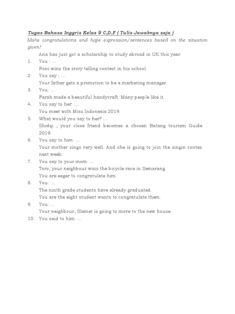 Expressions Of Congratulations For English Class Pdf