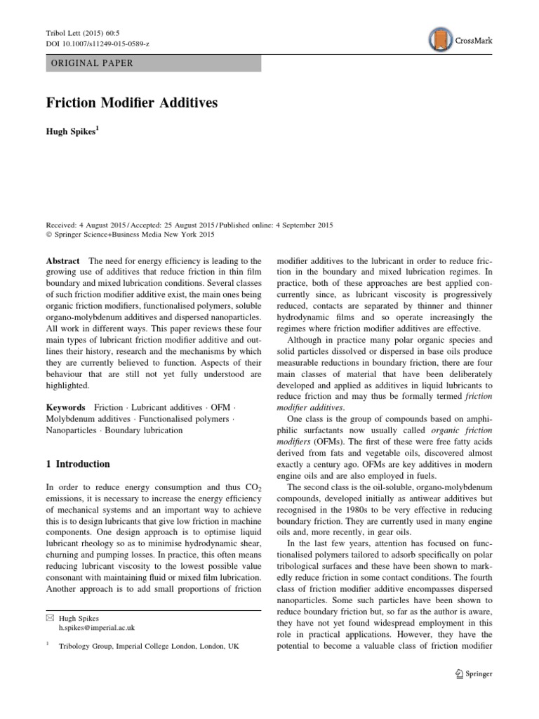 Friction Modifier AdditivesTribology Letters PDF Friction Lubricant