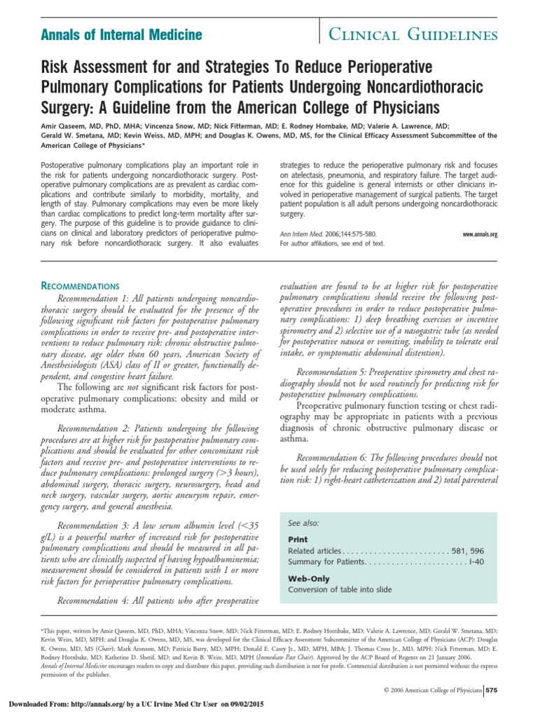 Perioperative Pulmonary Risk Guidelines | PDF | Surgery | Anesthesia