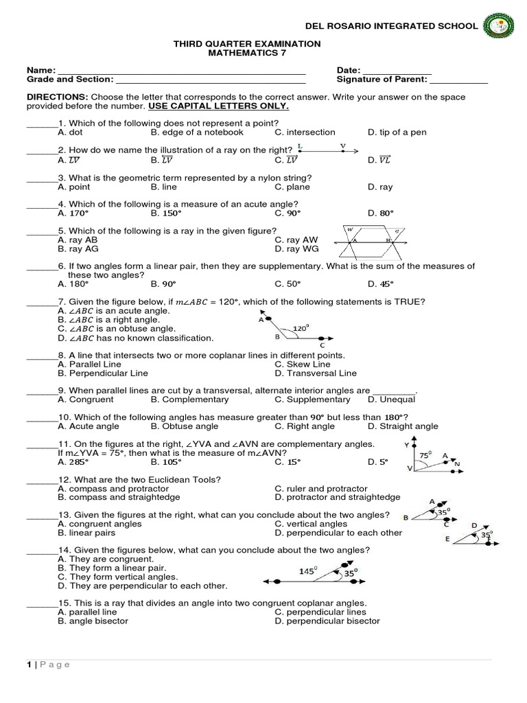 Mathematics 7 Third Quarter Exam | PDF | Perpendicular | Circle
