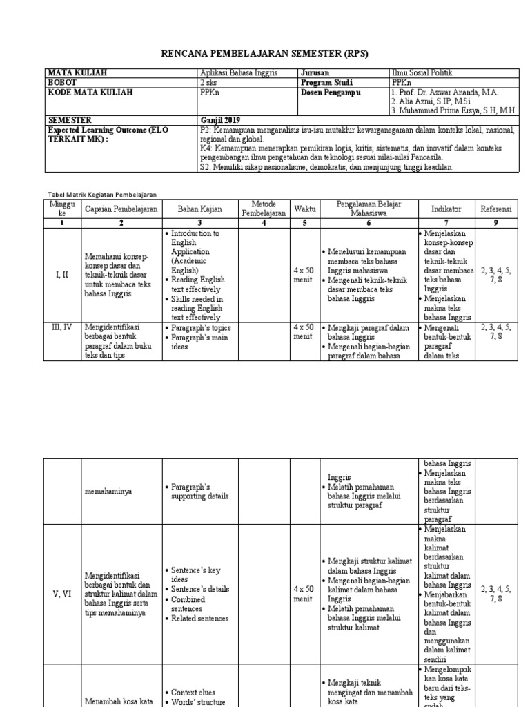 RPS Aplikasi Bahasa Inggris PPKn | PDF