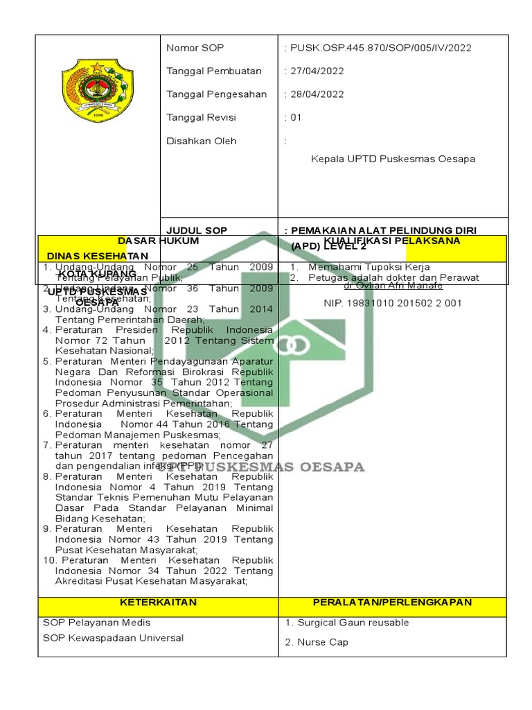 02.1. Sop Pemakaian Apd Level 2 | PDF