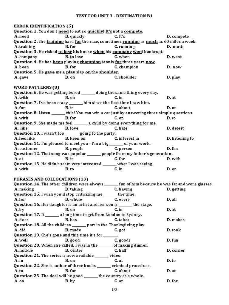 Unit 3 Test Answers - Destination B1 | PDF