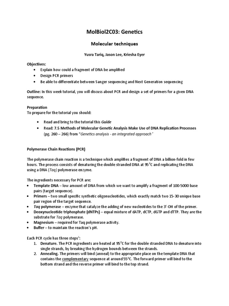 Tutorial 6 Molecular Techniques Download Free Pdf Primer Molecular