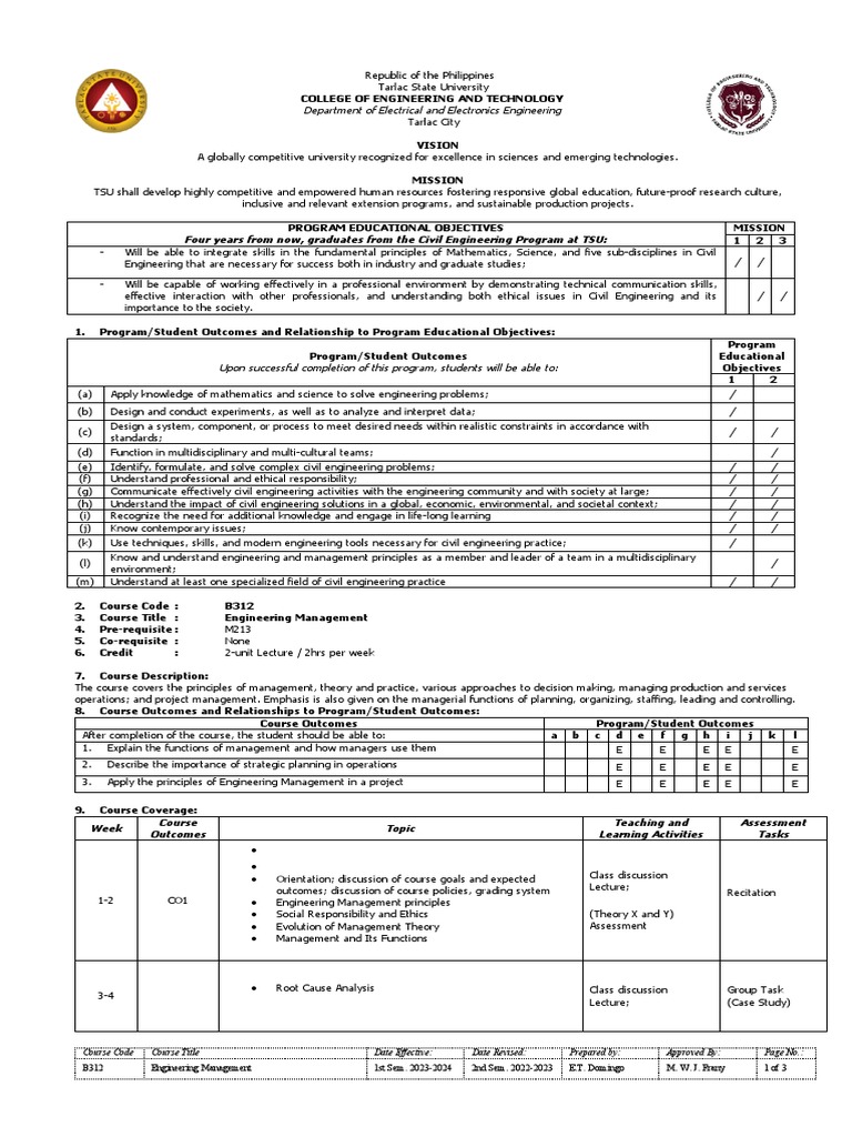 Engineering Management Course Syllabus | PDF | Engineering | Civil ...