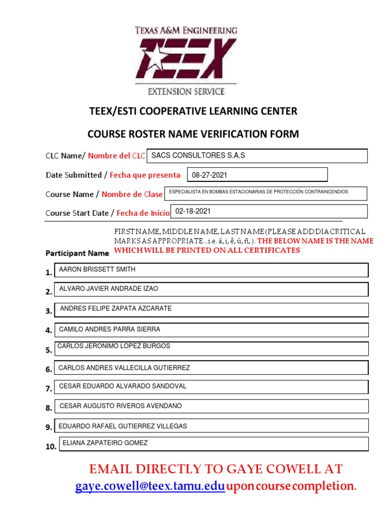 CLC COURSE ROSTER NAME VERIFICATION FORM Parte 1 PDF