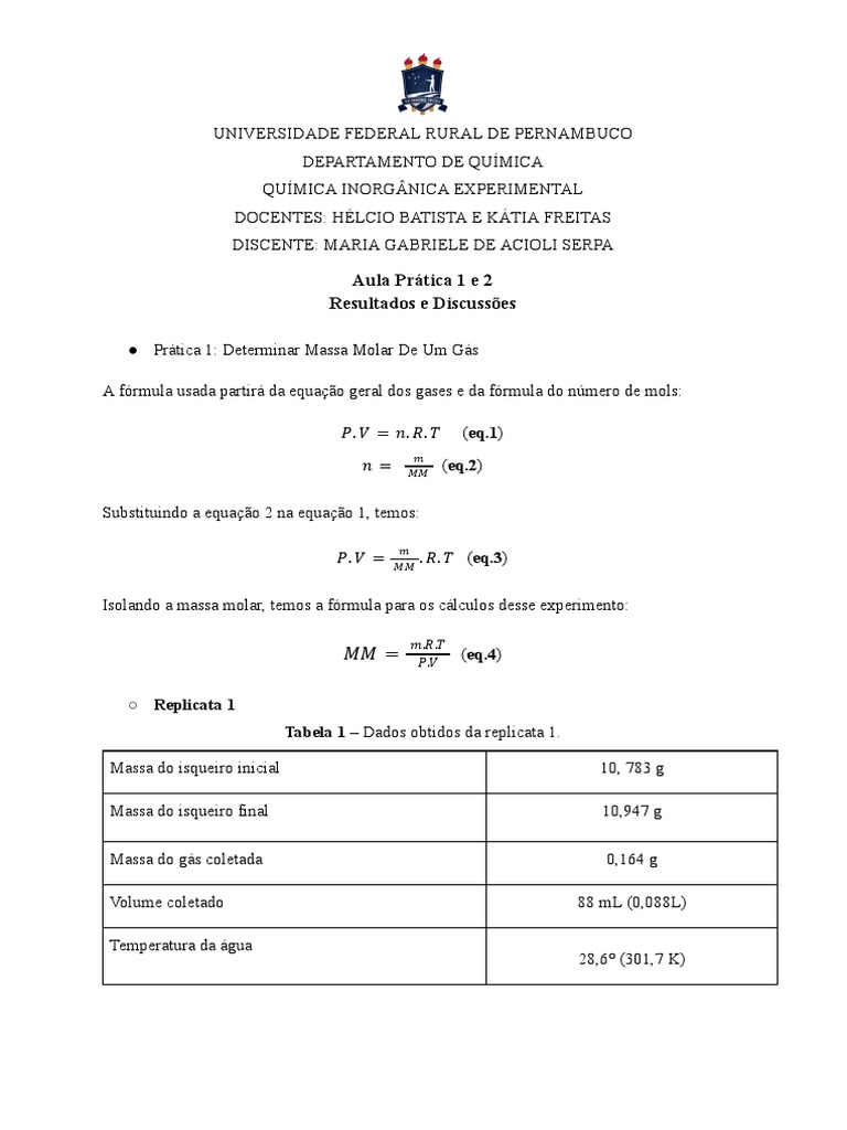 Determina o da massa molar de um g s e determina o do volume de h2 pdf