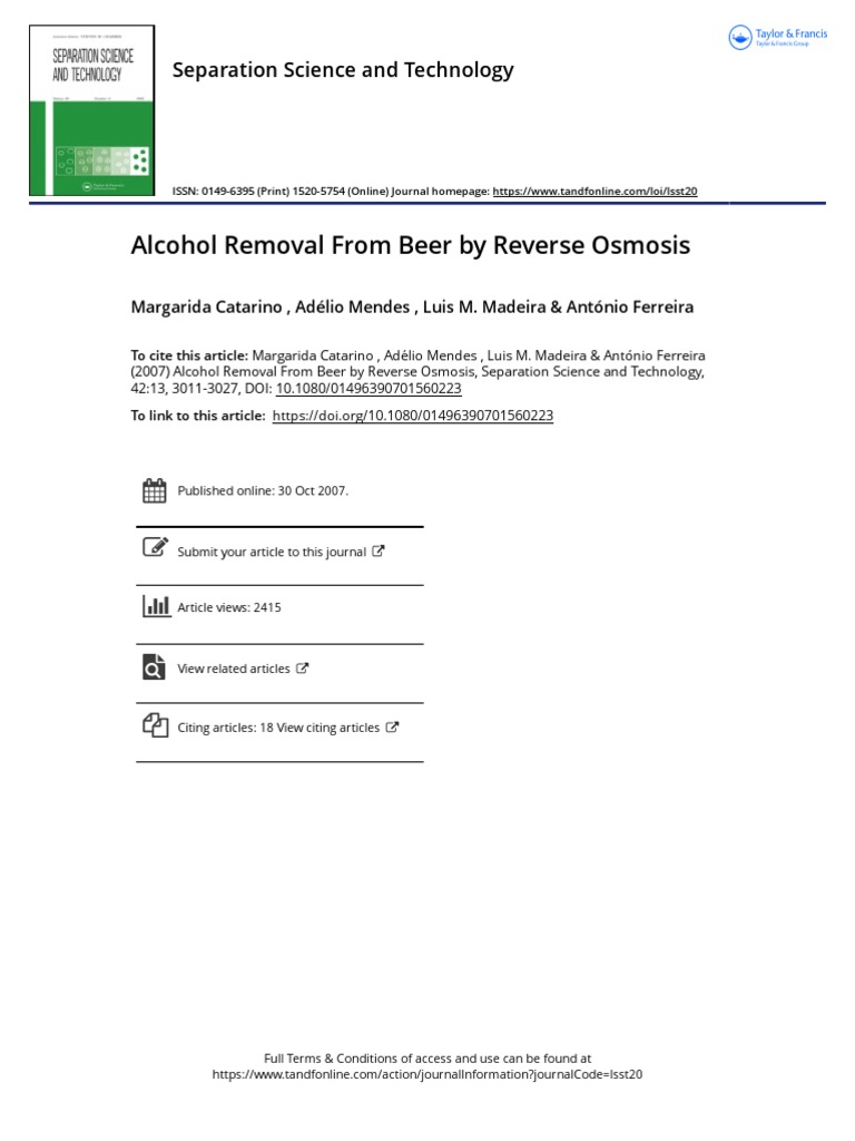 2007 Alcohol Removal From Beer by Reverse Osmosis PDF Ethanol