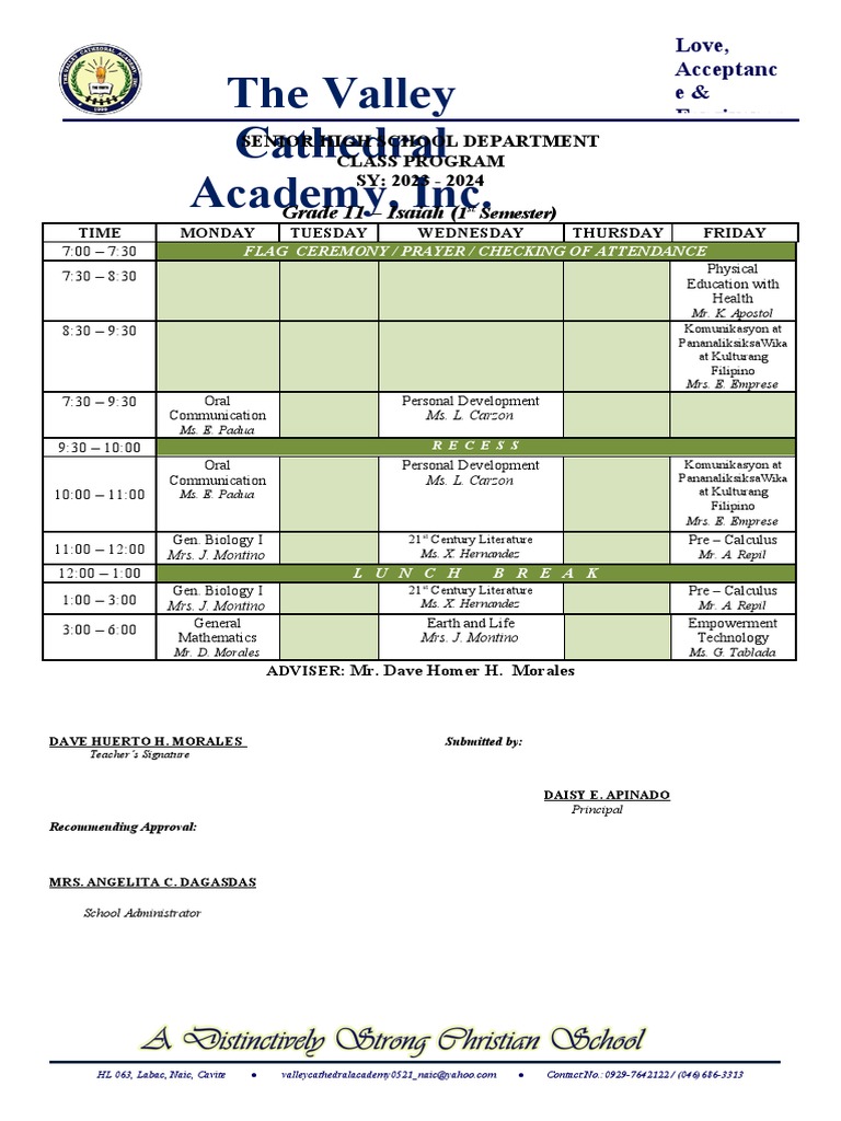 Grade 11 Class Program 2023-2024 | PDF | Science