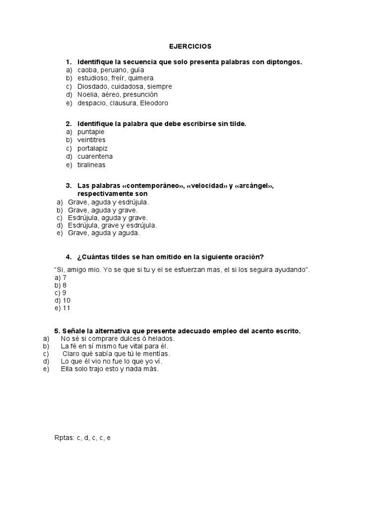 Ejercicios de Ortografía y Tildes | PDF | Artes del Lenguaje y ...