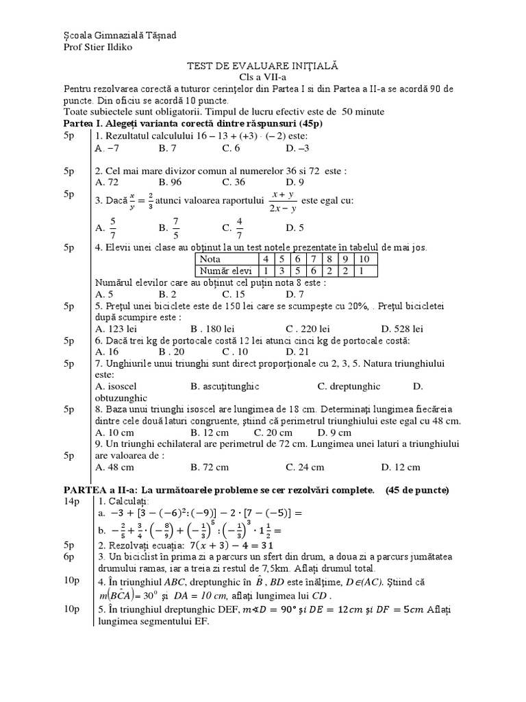 Test Initial La Matematica Clasa A VII A | PDF