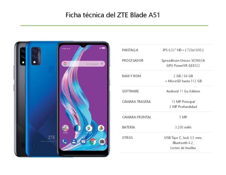 Ficha Técnica ZTE Blade A51: Especificaciones | PDF