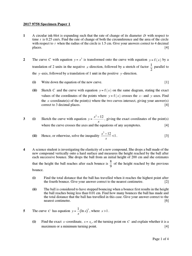 2017 H2 Math Specimen Paper 1 Answers | PDF | Equations | Circle